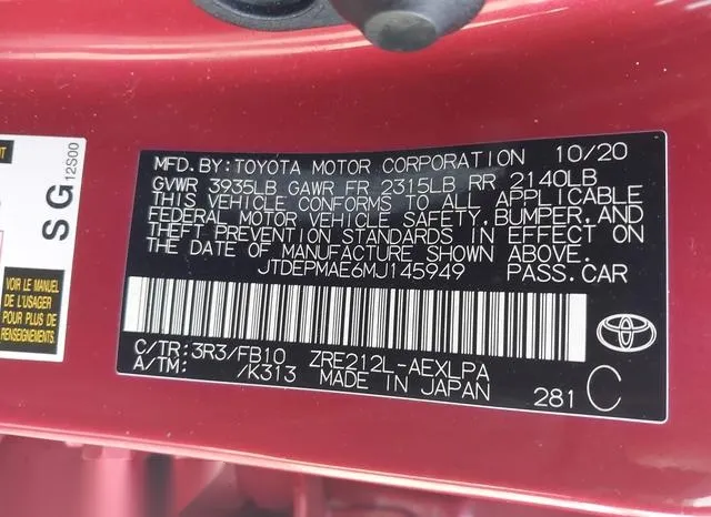 JTDEPMAE6MJ145949 2021 2021 Toyota Corolla- LE 9