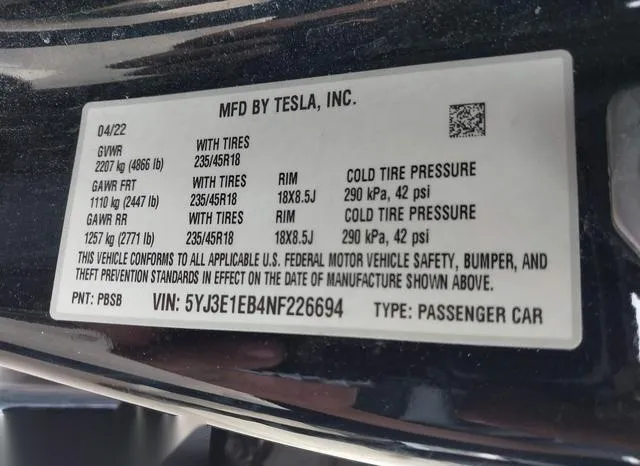 5YJ3E1EB4NF226694 2022 2022 Tesla Model 3- Long Range Dual M 9