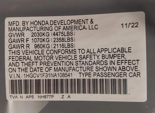 1HGCV1F31NA108541 2022 2022 Honda Accord- Sport 9