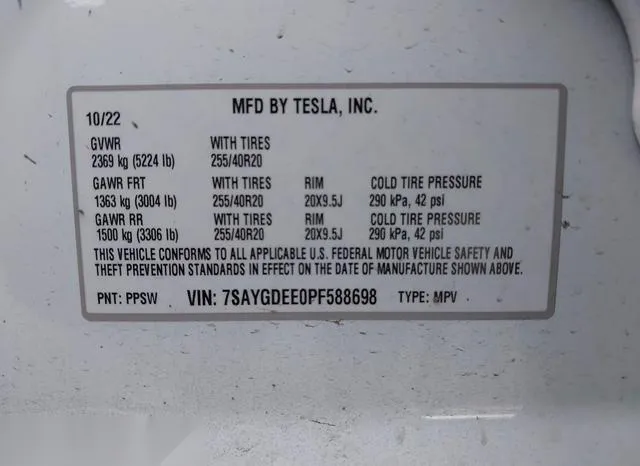 7SAYGDEE0PF588698 2023 2023 Tesla Model Y- Awd/Long Range Du 9