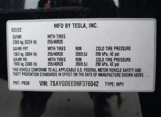 7SAYGDEE0NF376042 2022 2022 Tesla Model Y 9