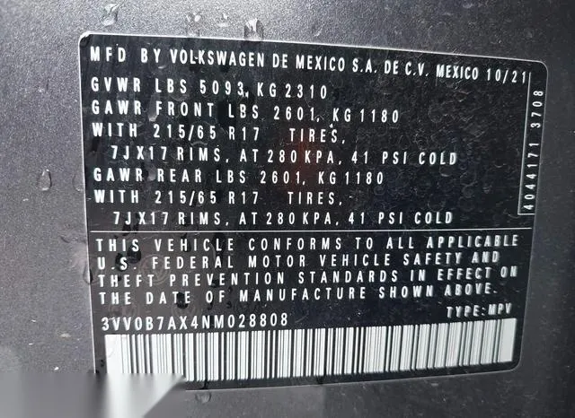 3VV0B7AX4NM028808 2022 2022 Volkswagen Tiguan- 2-0T S 9
