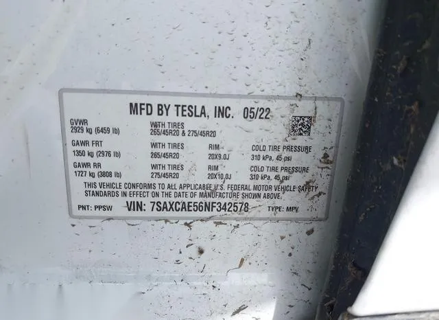 7SAXCAE56NF342578 2022 2022 Tesla MODEL X 9