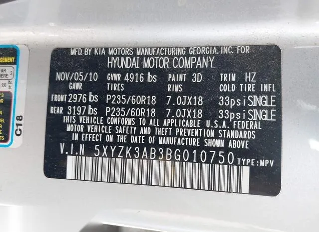 5XYZK3AB3BG010750 2011 2011 Hyundai Santa Fe- Limited 9