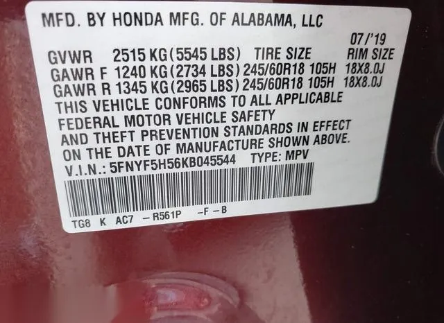 5FNYF5H56KB045544 2019 2019 Honda Pilot- Ex-L 9