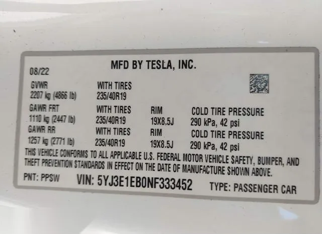 5YJ3E1EB0NF333452 2022 2022 Tesla Model 3- Long Range Dual M 9