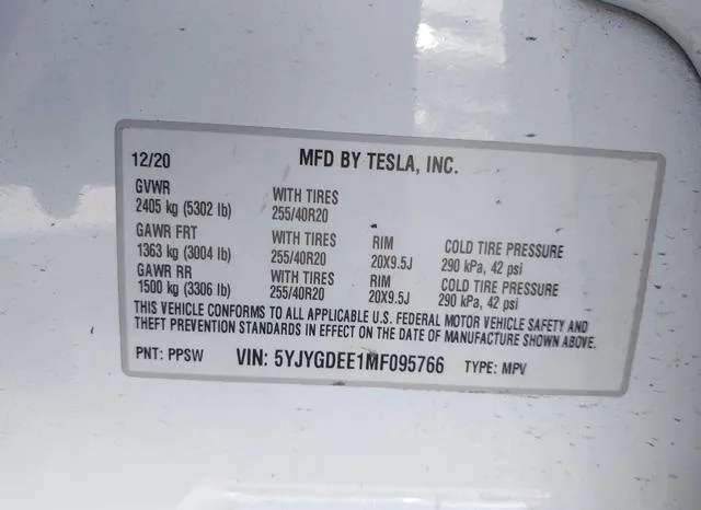 5YJYGDEE1MF095766 2021 2021 Tesla Model Y- Long Range Dual 9