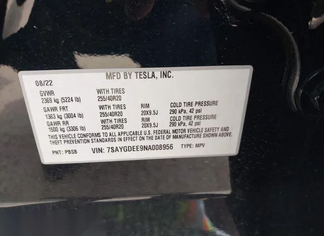 7SAYGDEE9NA008956 2022 2022 Tesla Model Y- Long Range Dual M 9