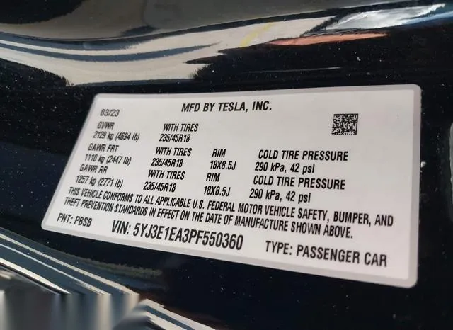 5YJ3E1EA3PF550360 2023 2023 Tesla Model 3- Rear-Wheel Drive 9