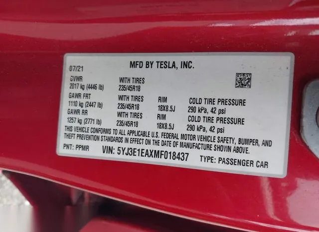 5YJ3E1EAXMF018437 2021 2021 Tesla Model 3- Standard Range Pl 9