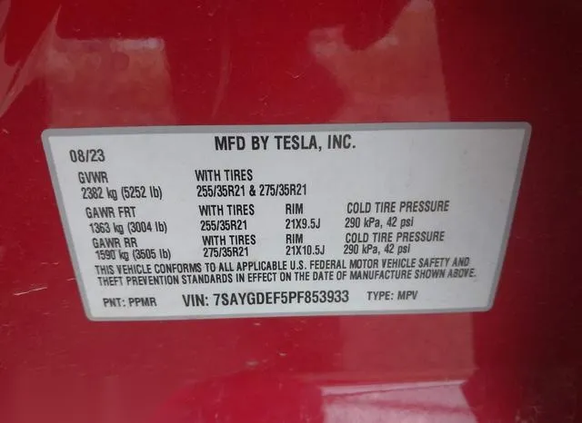 7SAYGDEF5PF853933 2023 2023 Tesla Model Y- Awd/Performance D 9