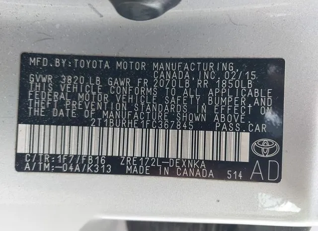 2T1BURHE1FC367845 2015 2015 Toyota Corolla- LE 9