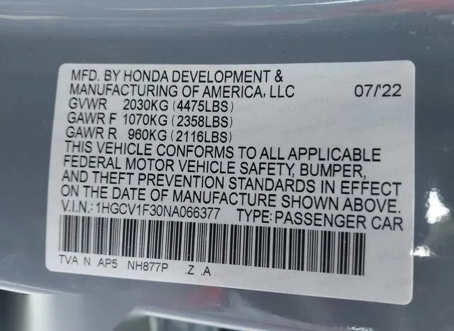 1HGCV1F30NA066377 2022 2022 Honda Accord- Sport 9