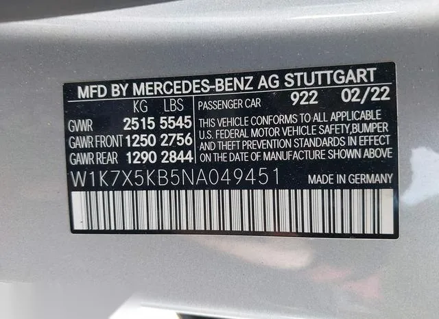 W1K7X5KB5NA049451 2022 2022 Mercedes-Benz Amg Gt 43 4-Door C 9