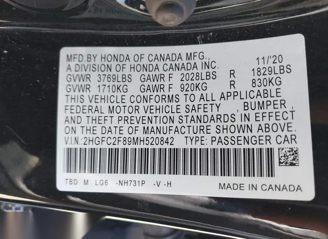 2HGFC2F89MH520842 2021 2021 Honda Civic- Sport 9