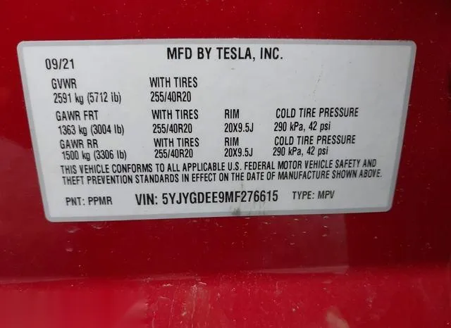 5YJYGDEE9MF276615 2021 2021 Tesla Model Y- Long Range Dual 9