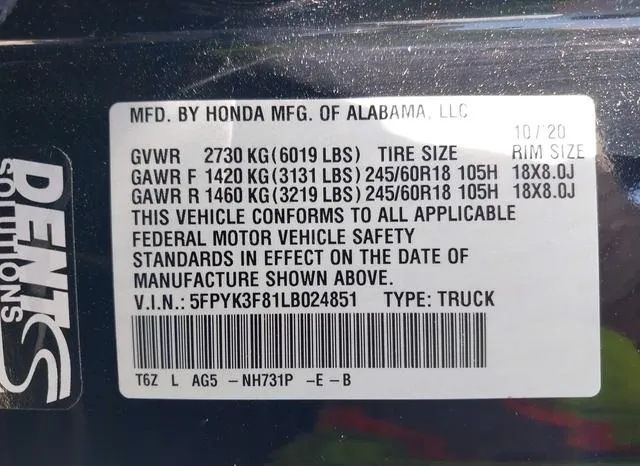 5FPYK3F81LB024851 2020 2020 Honda Ridgeline- Black Edition 9