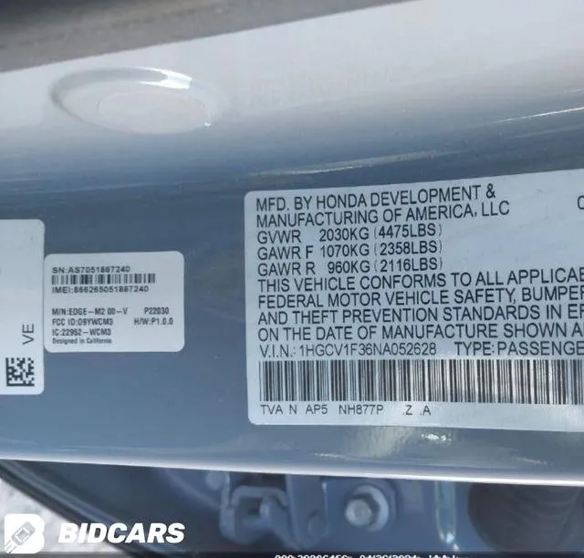 1HGCV1F36NA052628 2022 2022 Honda Accord- Sport 9