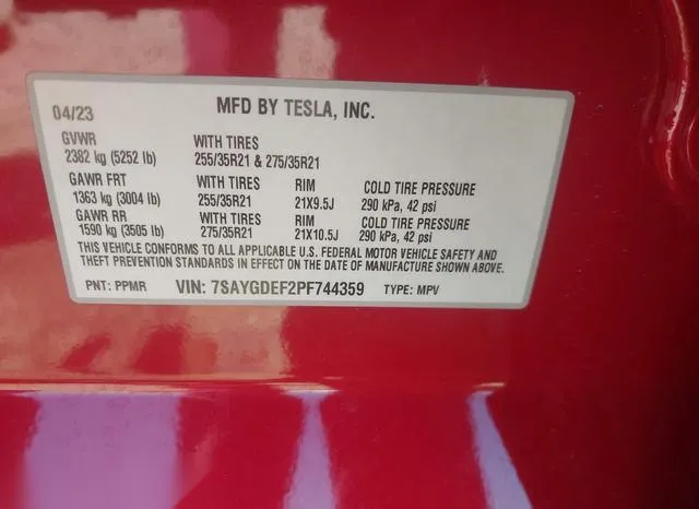 7SAYGDEF2PF744359 2023 2023 Tesla Model Y- Awd/Performance D 9