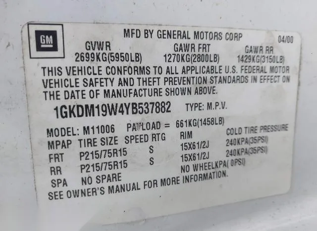 1GKDM19W4YB537882 2000 2000 GMC Safari- SL 9