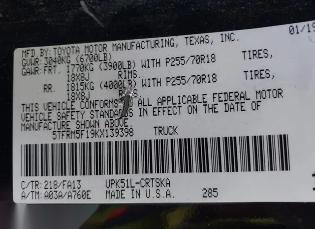 5TFRM5F19KX139398 2019 2019 Toyota Tundra- Sr 4-6L V8 9