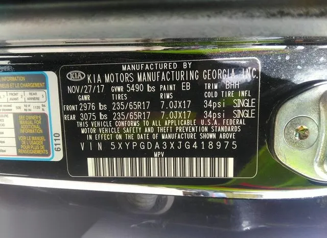 5XYPGDA3XJG418975 2018 2018 KIA Sorento- 2-4L Lx 9