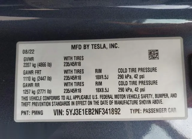 5YJ3E1EB2NF341892 2022 2022 Tesla Model 3- Long Range Dual M 9