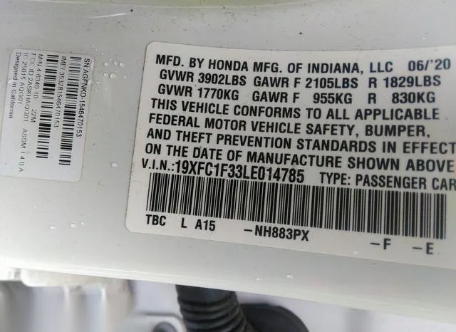 19XFC1F33LE014785 2020 2020 Honda Civic- EX 9