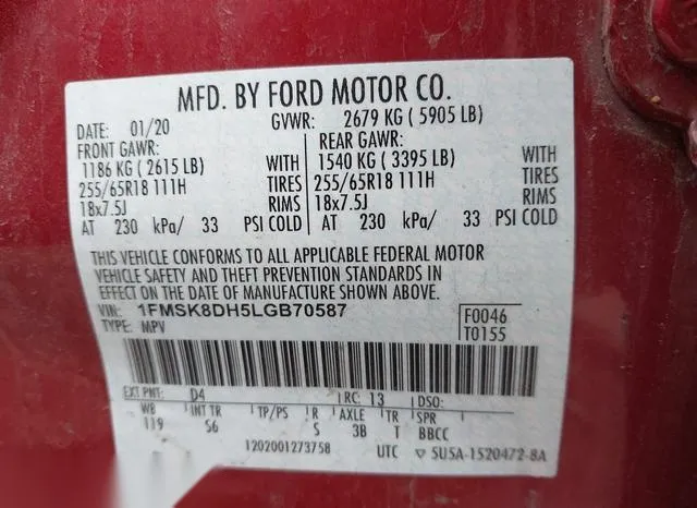 1FMSK8DH5LGB70587 2020 2020 Ford Explorer- Xlt 9