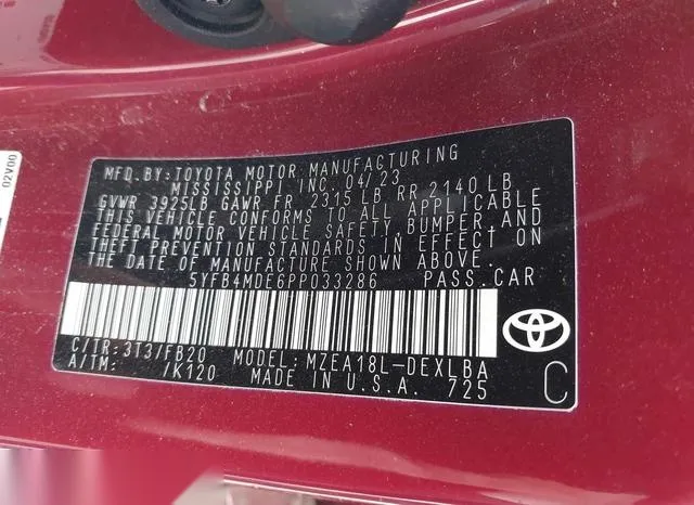 5YFB4MDE6PP033286 2023 2023 Toyota Corolla- LE 9