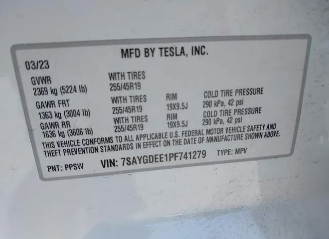 7SAYGDEE1PF741279 2023 2023 Tesla Model Y- Awd/Long Range Du 9