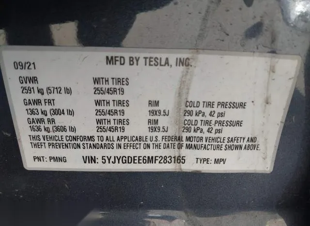 5YJYGDEE6MF283165 2021 2021 Tesla Model Y- Long Range Dual 9