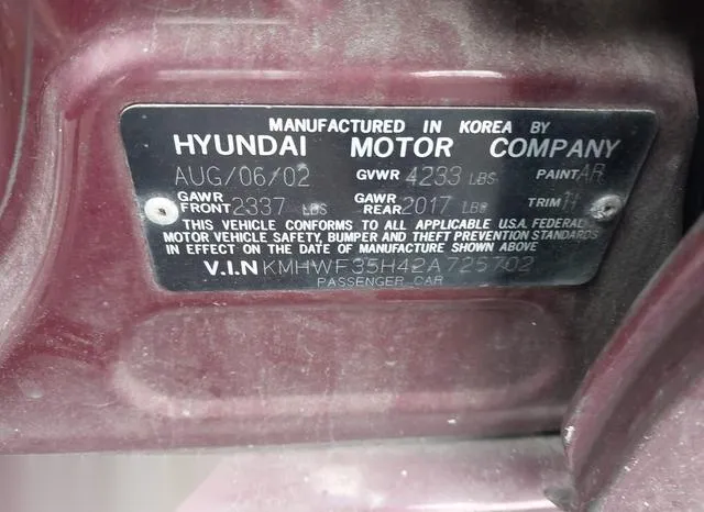 KMHWF35H42A725702 2002 2002 Hyundai Sonata- Gls/Lx 9