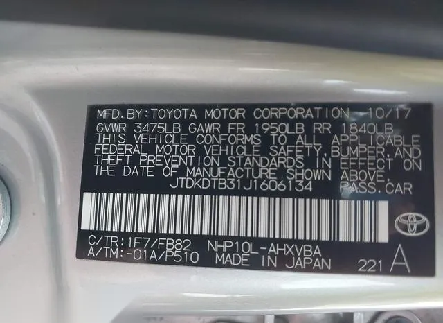 JTDKDTB31J1606134 2018 2018 Toyota Prius- C Two 9