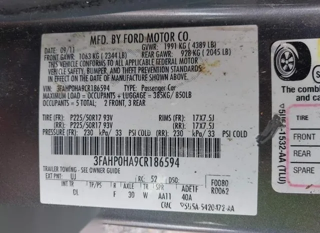 3FAHP0HA9CR186594 2012 2012 Ford Fusion- SE 9