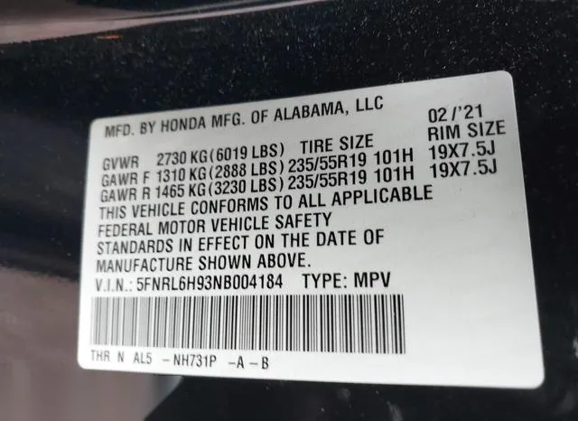 5FNRL6H93NB004184 2022 2022 Honda Odyssey- Elite 9