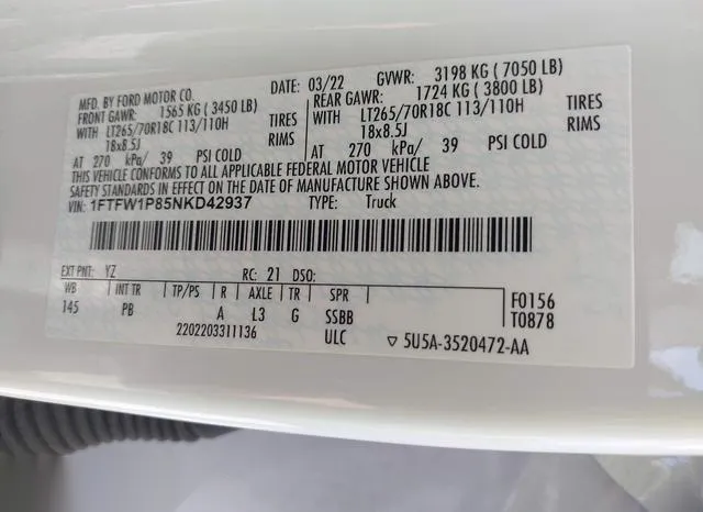 1FTFW1P85NKD42937 2022 2022 Ford F-150 Police Responder- XL 9