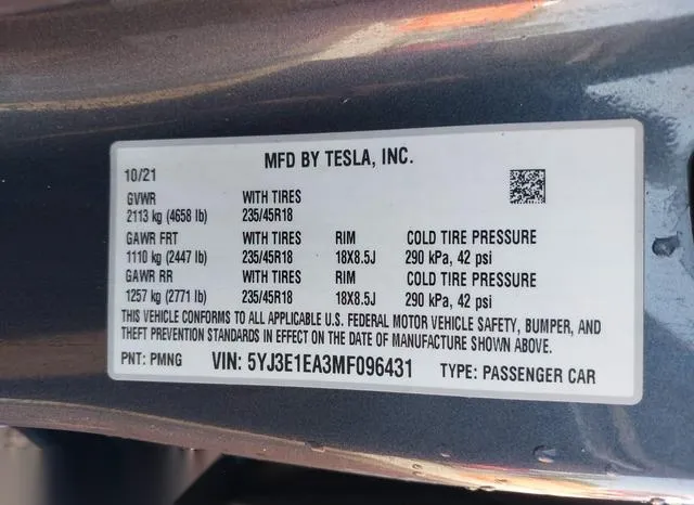 5YJ3E1EA3MF096431 2021 2021 Tesla Model 3- Standard Range Pl 9