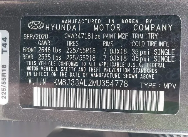 KM8J33AL2MU354778 2021 2021 Hyundai Tucson- Sel 9