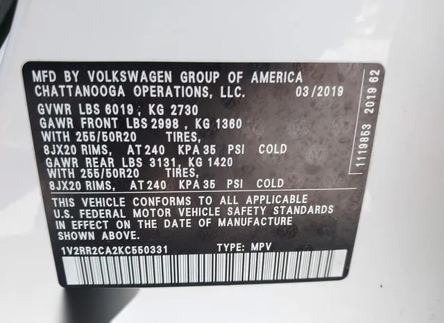 1V2RR2CA2KC550331 2019 2019 Volkswagen Atlas- 3-6L V6 Sel R- 9