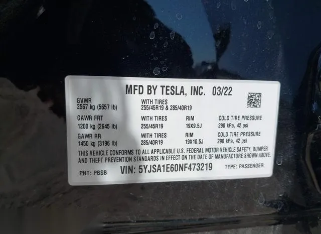 5YJSA1E60NF473219 2022 2022 Tesla Model S- Plaid 9