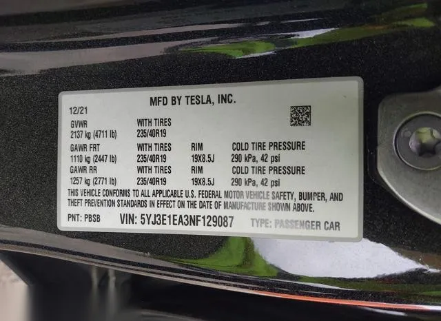 5YJ3E1EA3NF129087 2022 2022 Tesla Model 3- Rear-Wheel Drive 9