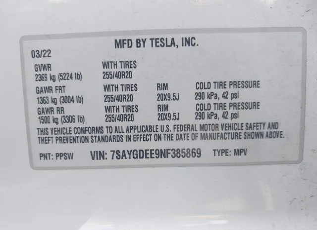 7SAYGDEE9NF385869 2022 2022 Tesla Model Y- Long Range Dual M 9