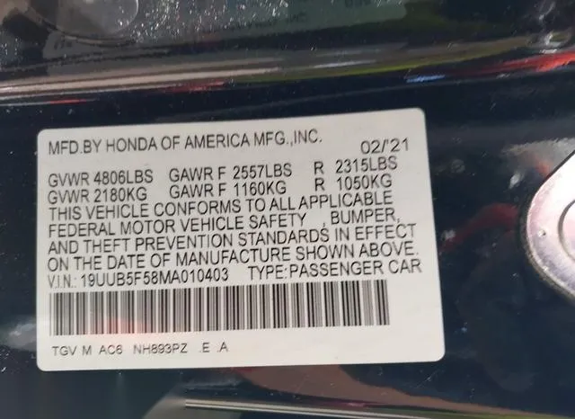 19UUB5F58MA010403 2021 2021 Acura TLX- A-Spec Package 9