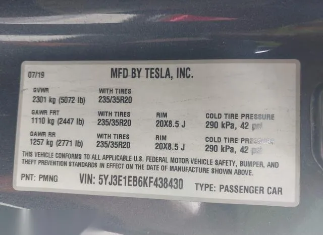 5YJ3E1EB6KF438430 2019 2019 Tesla Model 3- Long Range/Perfor 9