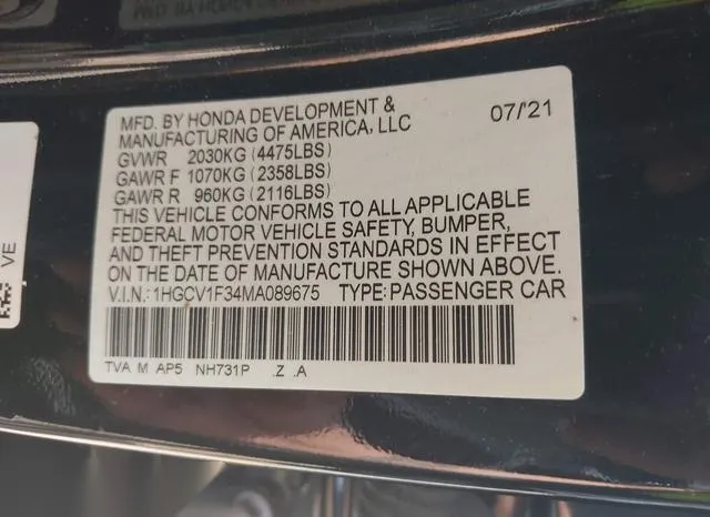 1HGCV1F34MA089675 2021 2021 Honda Accord- Sport 9