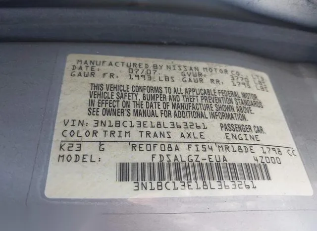 3N1BC13E18L363261 2008 2008 Nissan Versa- 1-8SL 9