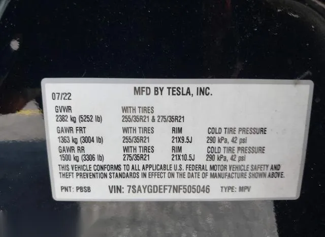 7SAYGDEF7NF505046 2022 2022 Tesla Model Y- Performance Dual  9