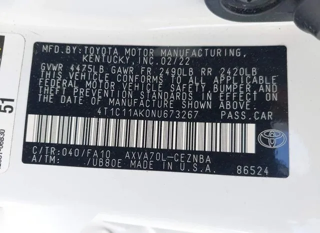 4T1C11AK0NU673267 2022 2022 Toyota Camry- LE 9