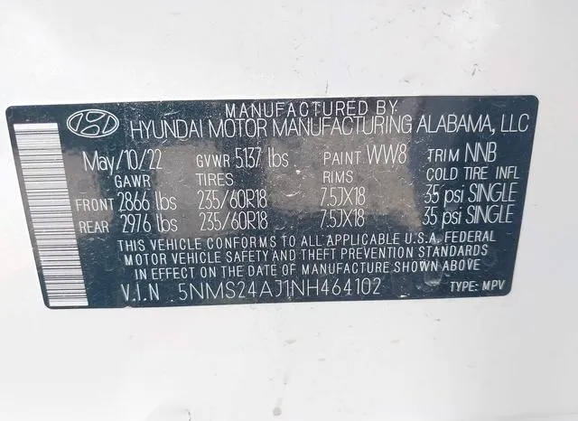 5NMS24AJ1NH464102 2022 2022 Hyundai Santa Fe- Sel 9